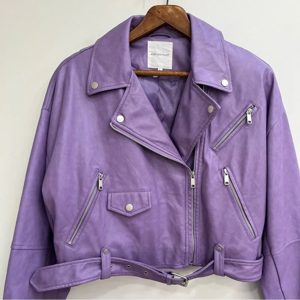 Avec Les Filles Women’s Faux Leather Purple Grape Crush Moto Jacket Large - Picture 3 of 6